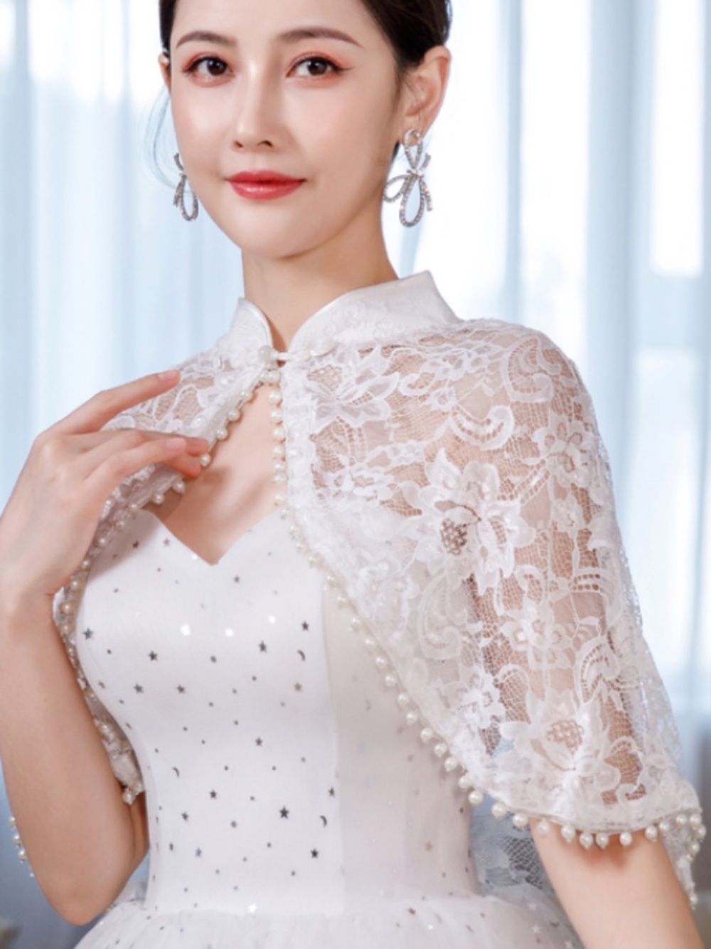 Women Beaded Lace Cape Shrug Bolero Cardigan Top Sheer Hollow Out Floral Fashion